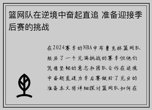 篮网队在逆境中奋起直追 准备迎接季后赛的挑战