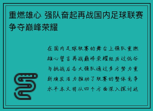 重燃雄心 强队奋起再战国内足球联赛争夺巅峰荣耀